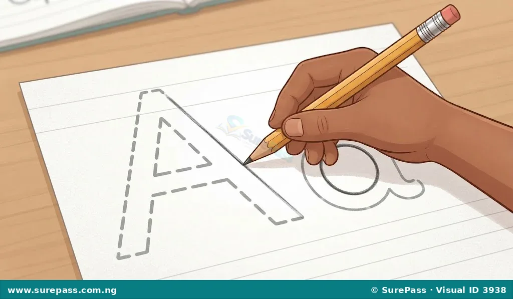 A child tracing the capital letter A and small letter a with a pencil.