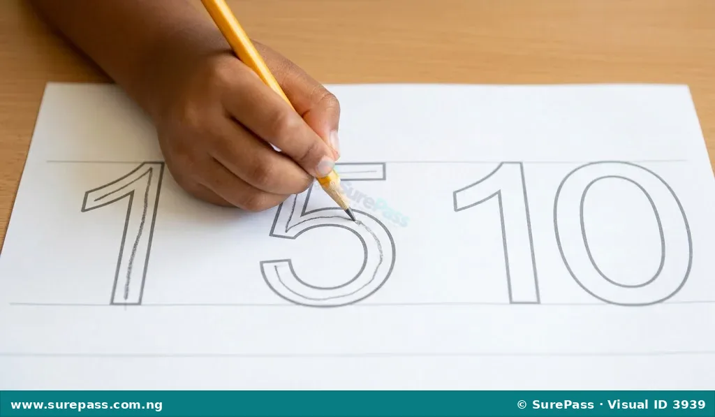 A child tracing the numbers 1, 5, and 10 with a pencil.