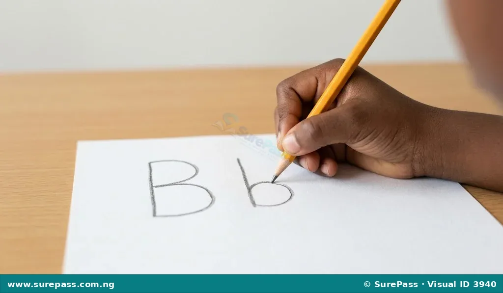 A child drawing the capital letter B and small letter b with a pencil.