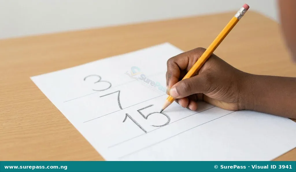 A child drawing the numbers 3, 7, and 15 with a pencil.