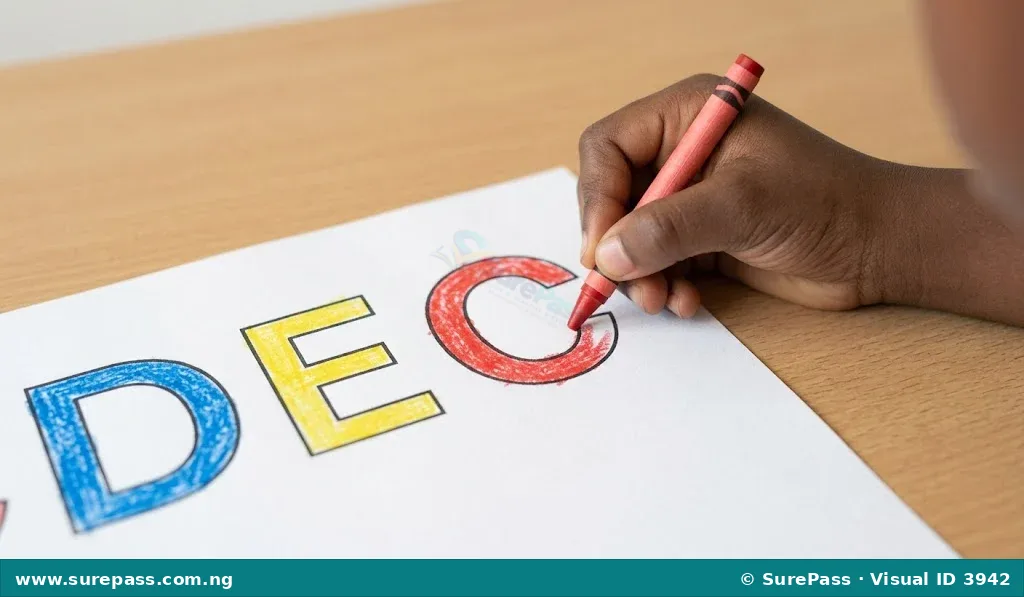 A child colouring the capital letter C red, with other letters already coloured.
