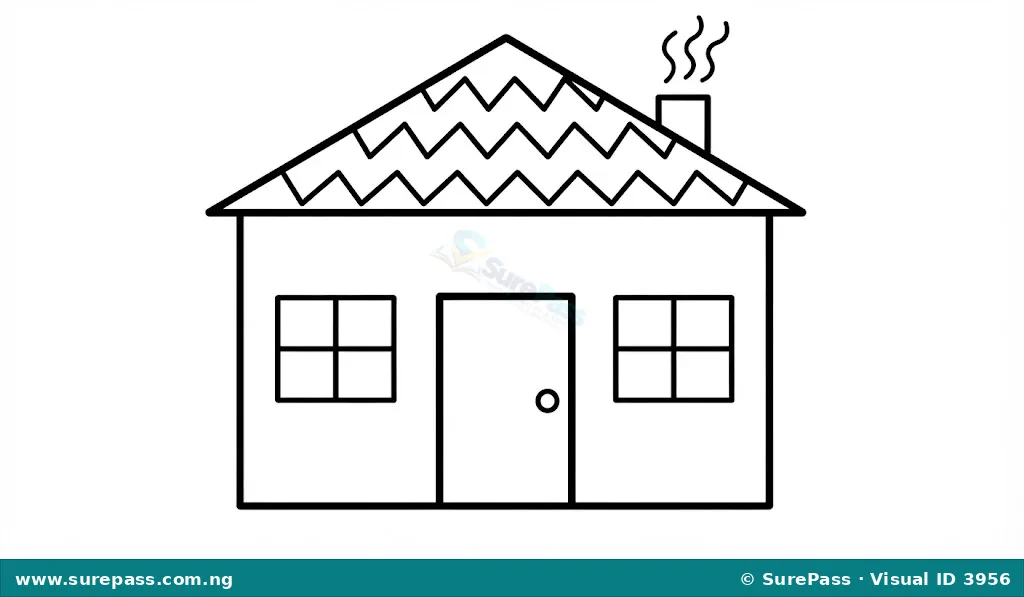 A simple drawing of a house using straight lines for the main structure, zigzag lines on the roof, and wavy lines for smoke from the chimney.