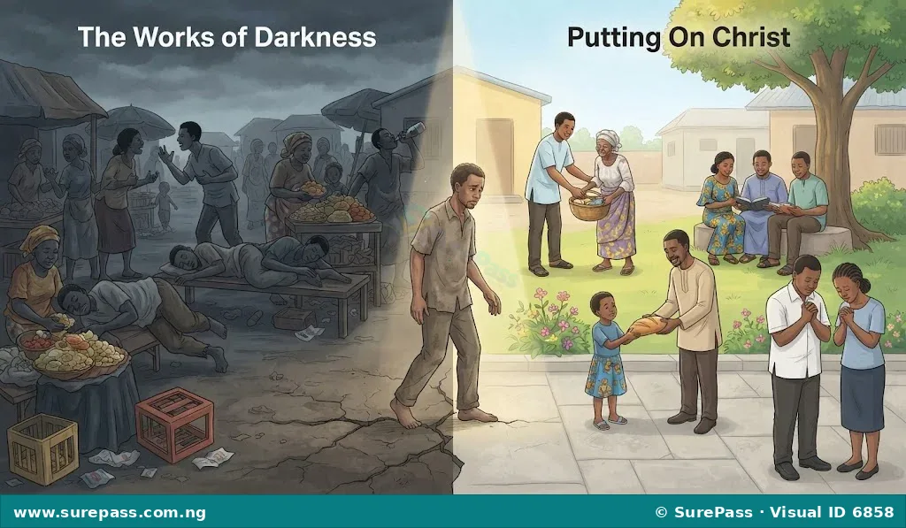 A split image contrasting a dark scene of sinful activities with a bright scene of righteous Christian living, showing a transition from darkness to light.