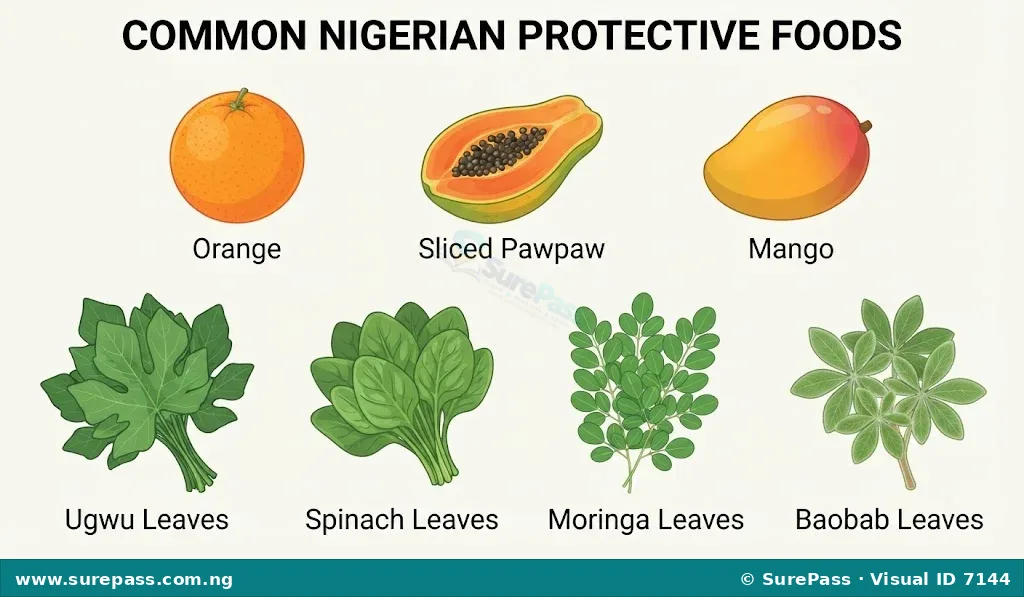 A collection of Nigerian protective foods including orange, pawpaw, mango, ugwu leaves, spinach, moringa, and baobab leaves.
