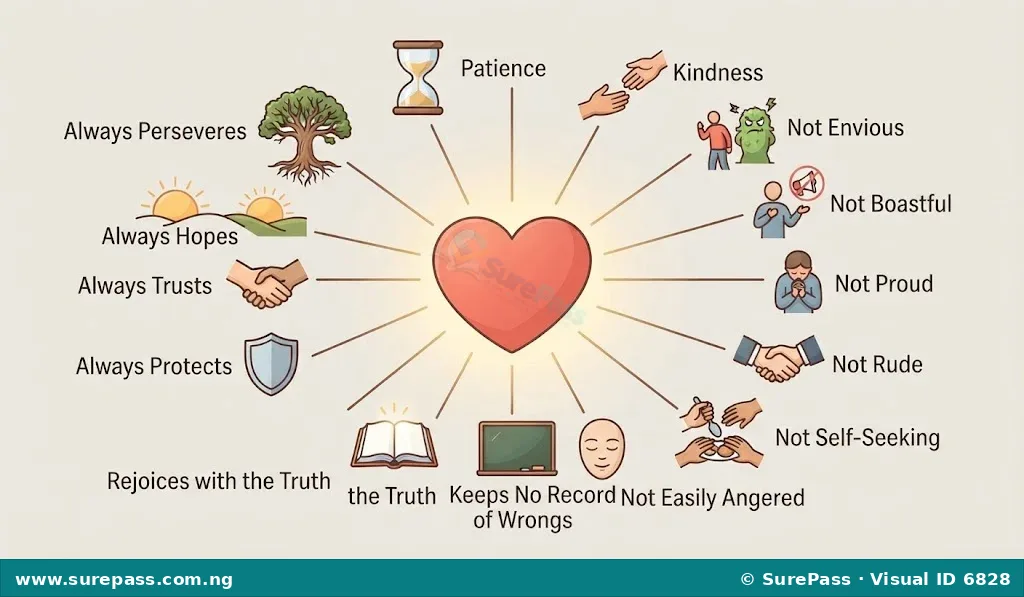 A diagram of a heart with rays, each labelled with a quality of Christian love from 1 Corinthians 13, such as patience, kindness, and humility.
