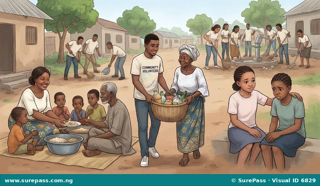People demonstrating Christian love by sharing food, helping an elderly person, comforting a friend, and volunteering in a community.