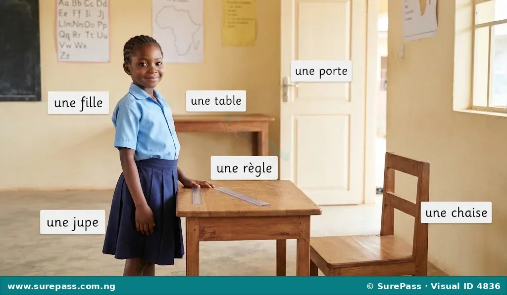 A classroom scene with a girl, a skirt, a ruler, a chair, a table, and a door, each labelled with its French feminine article.