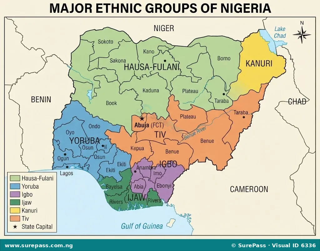 Map of Nigeria showing the geographical distribution of major ethnic groups.