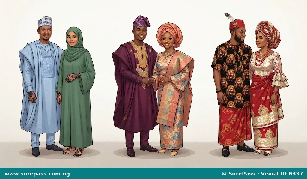 Traditional attires of Hausa, Yoruba, and Igbo couples.