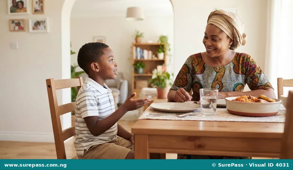 A young boy politely asks his mother for food at home.