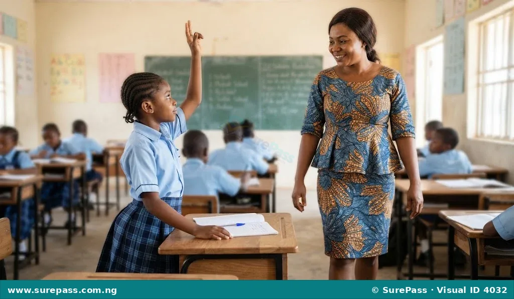 A girl in a classroom politely asks her teacher a question.