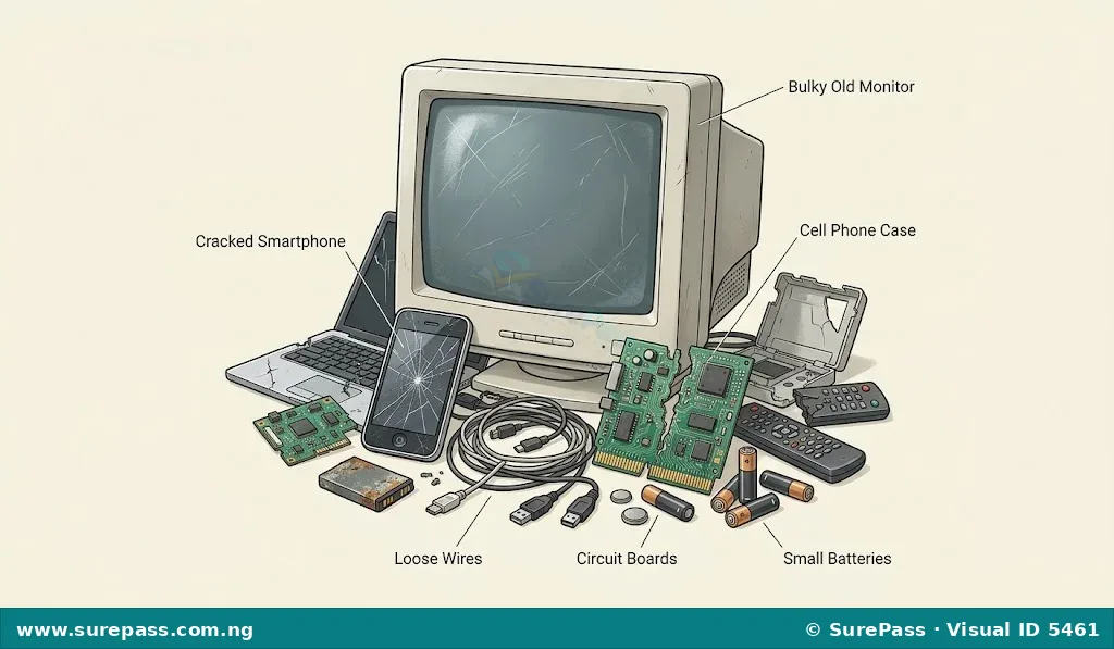 A pile of common e-waste items including an old monitor, a smartphone, wires, and batteries.