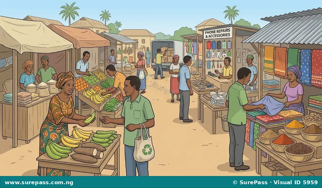 A busy Nigerian market with people buying and selling goods, representing a physical market.