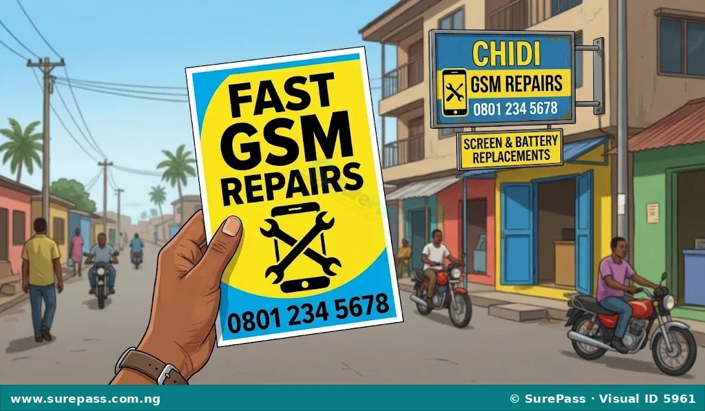 A hand holding a flyer for GSM repair services, with a shop signboard in the background, representing traditional marketing.