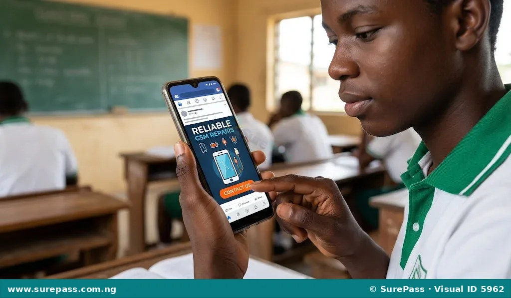 A person viewing a GSM repair advertisement on a smartphone, illustrating digital marketing.