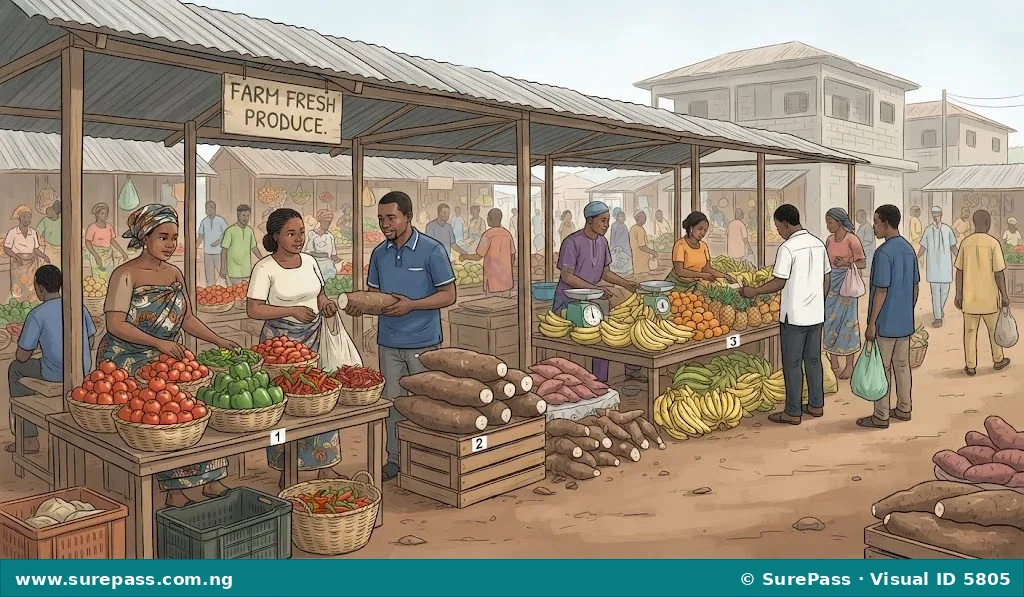 A busy open-air market in Nigeria with stalls full of fresh vegetables and fruits, and people buying and selling.