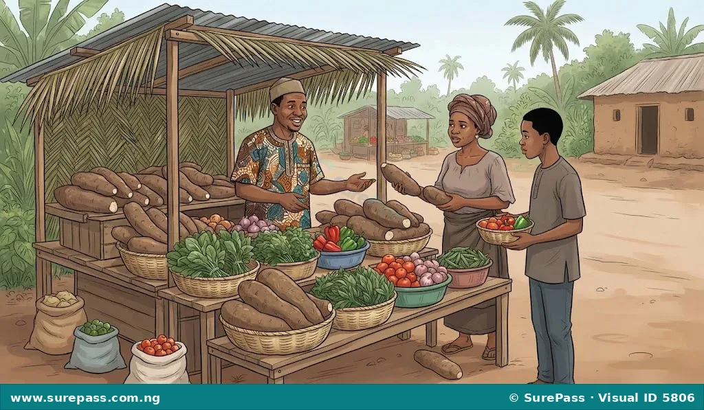A farmer selling yams and vegetables at a roadside stall in Nigeria.