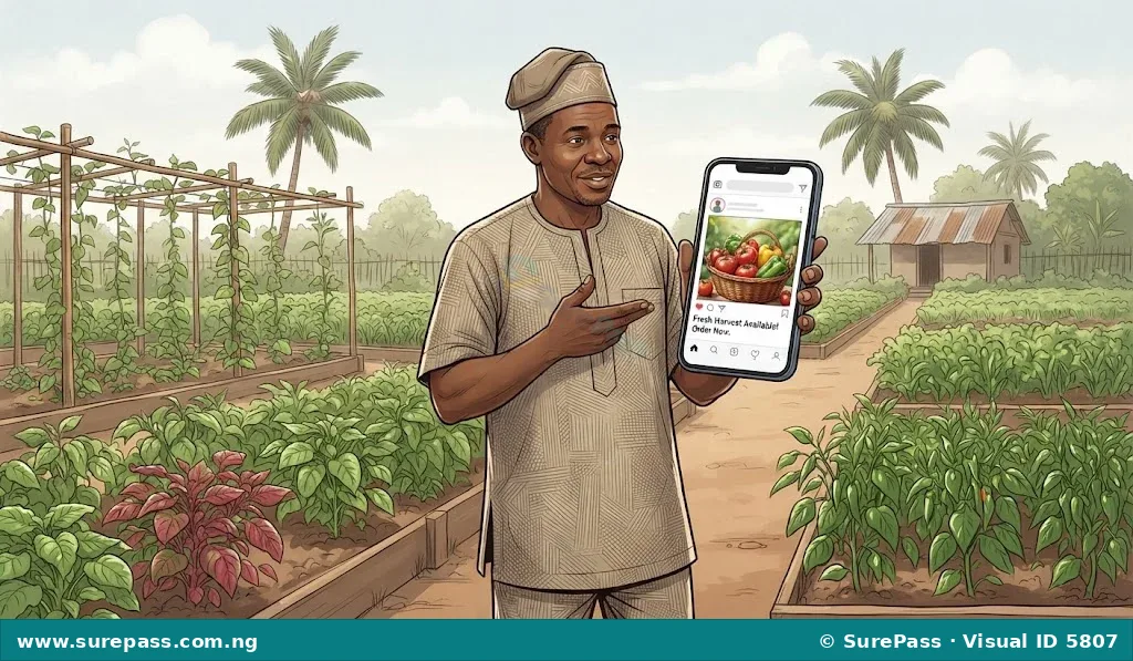 A farmer using a smartphone to display fresh produce on a social media app for digital marketing.