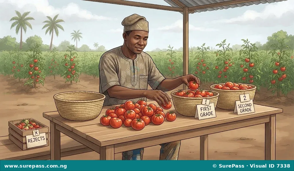 A farmer sorting and packaging fresh tomatoes into baskets.