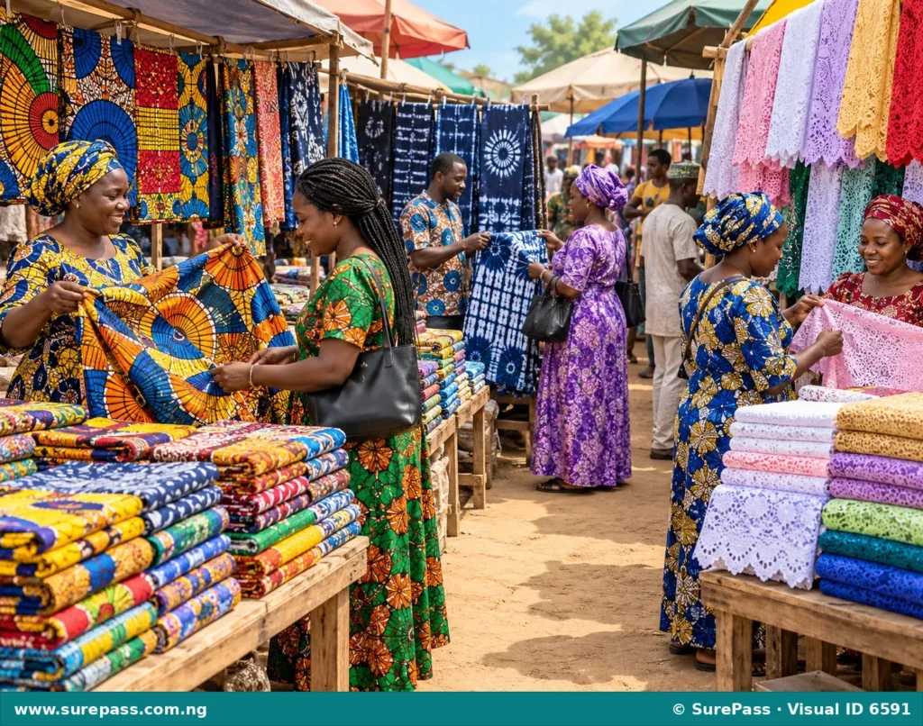 A bustling Nigerian textile market with buyers and sellers exchanging colourful fabrics.