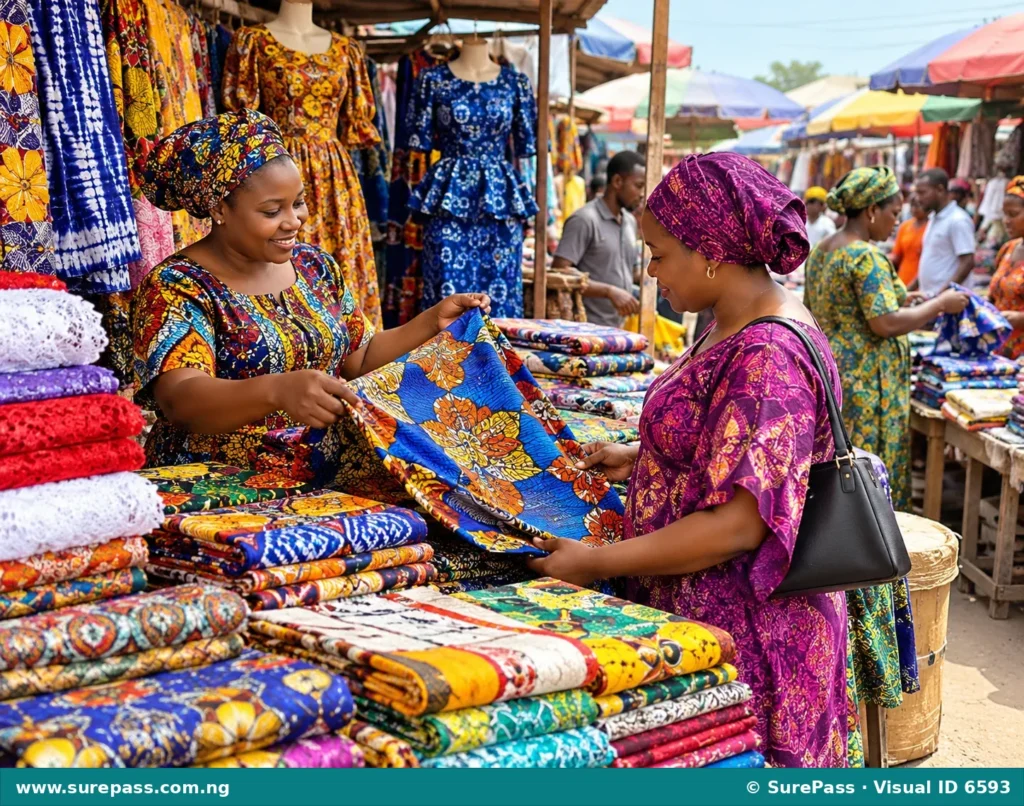 A traditional Nigerian market stall displaying colourful textile fabrics and garments, with a seller showing products to a customer.