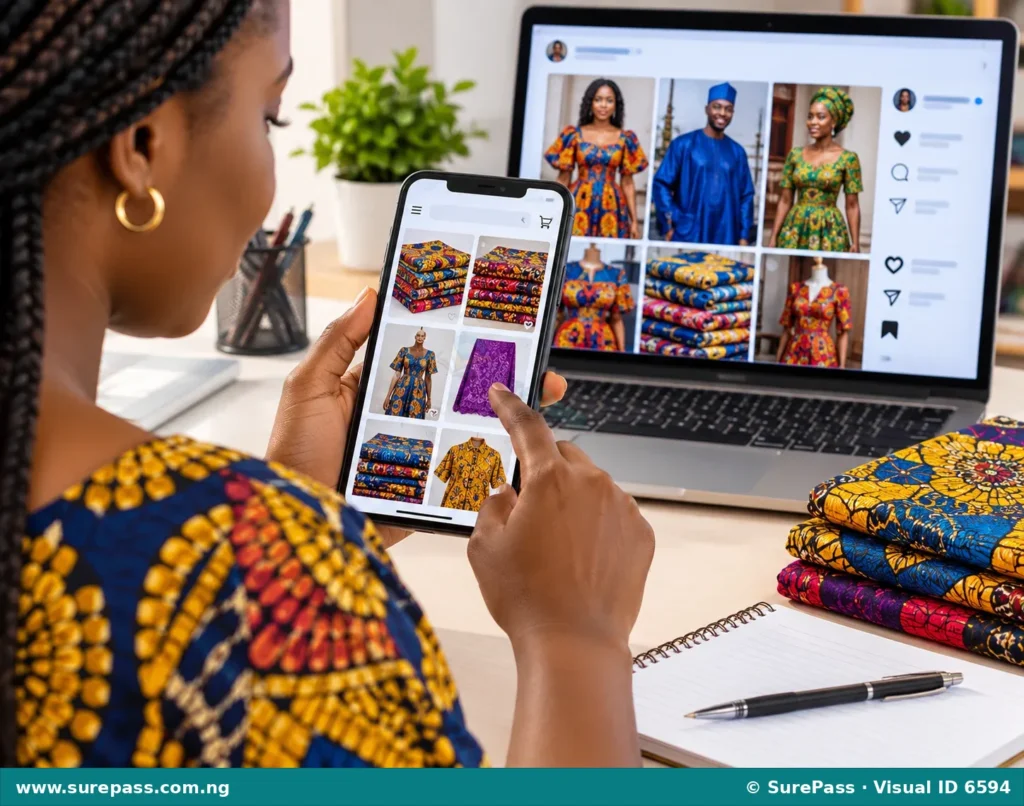 A person using a smartphone to browse an online textile store, with a laptop in the background displaying social media fashion content.