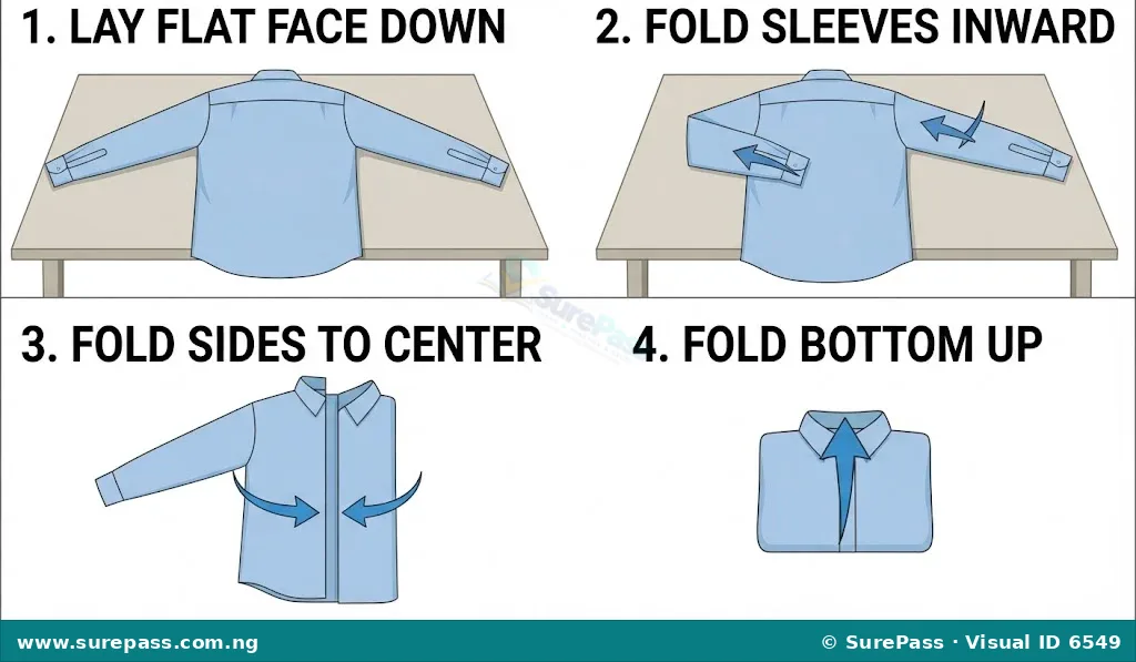 Step-by-step process of folding a long-sleeved shirt.