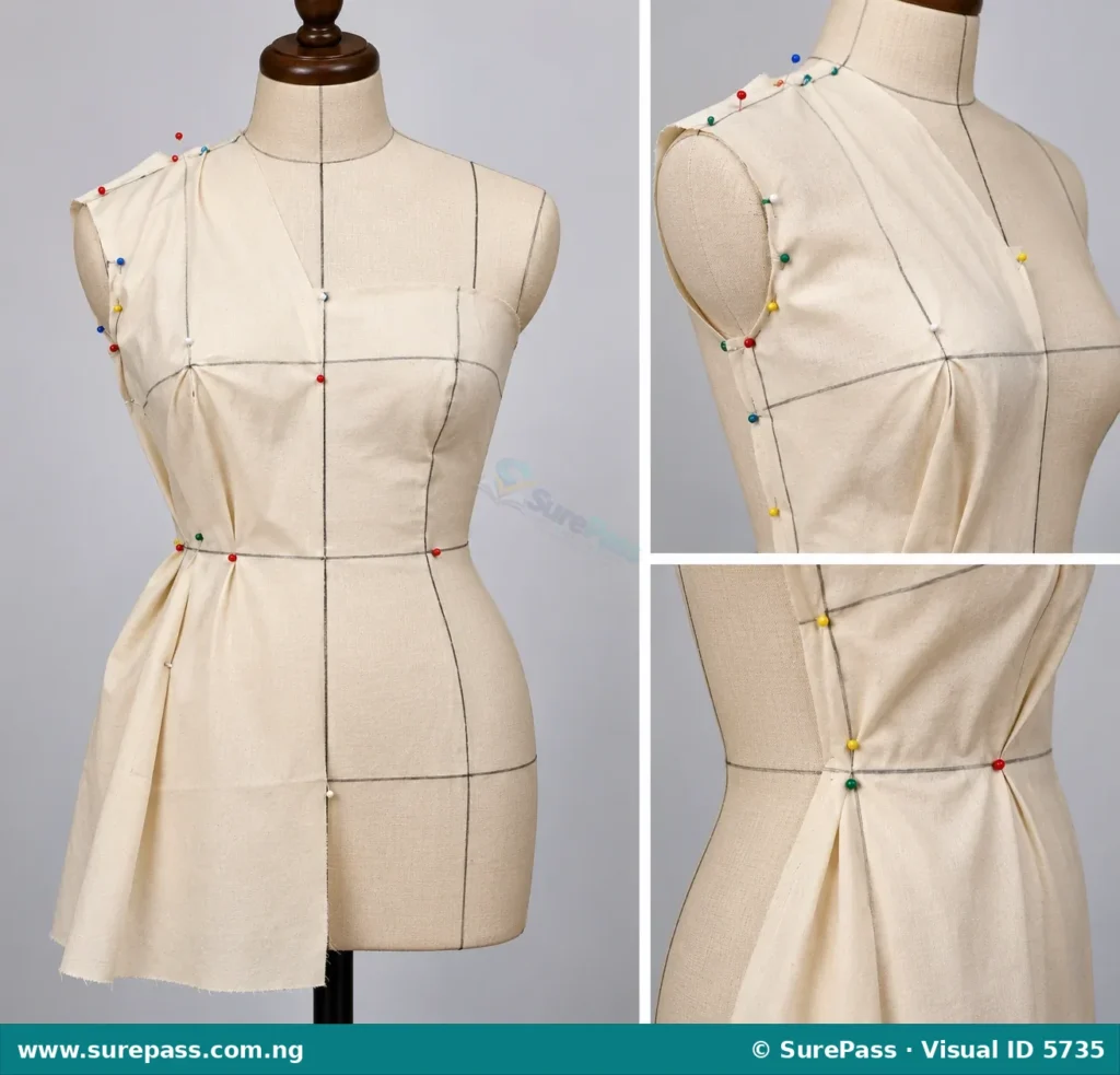 A dress form with draped muslin fabric pinned and marked.