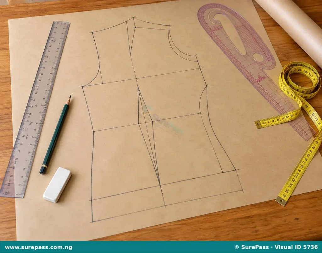A flat pattern drafting layout with tools on a table.