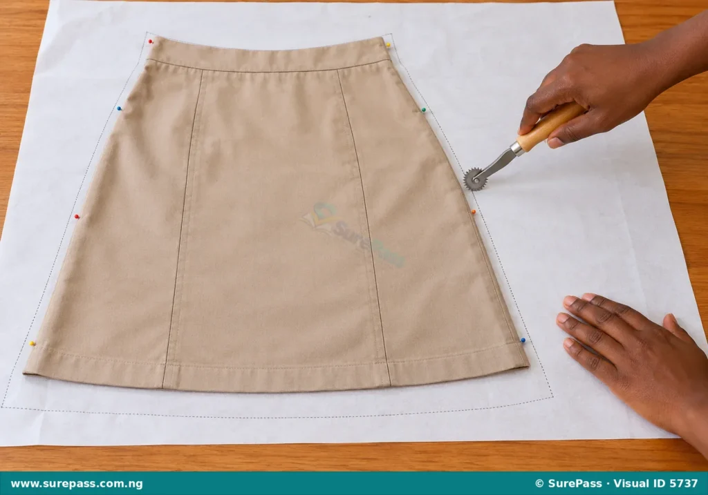 Tracing an existing garment onto paper using the knock-off method.