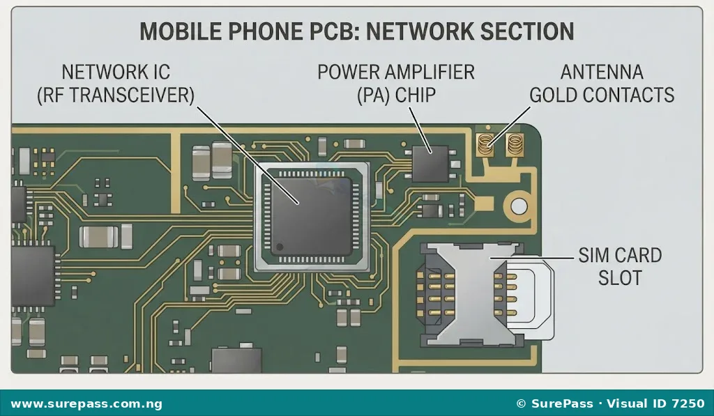 Close-up of a mobile phone PCB showing network components.