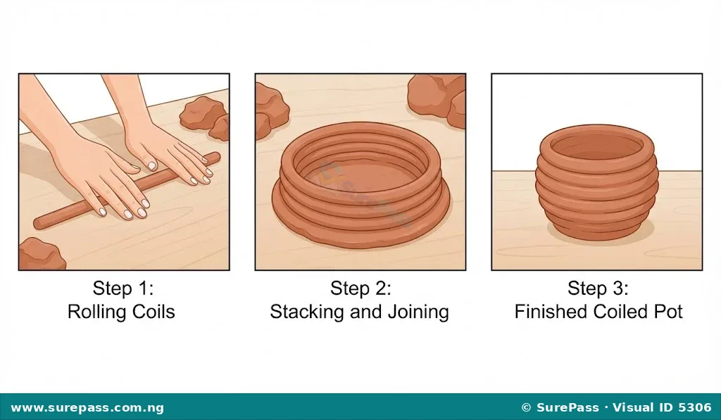 Sequence showing coiling technique for clay, from rolling coils to building a pot.