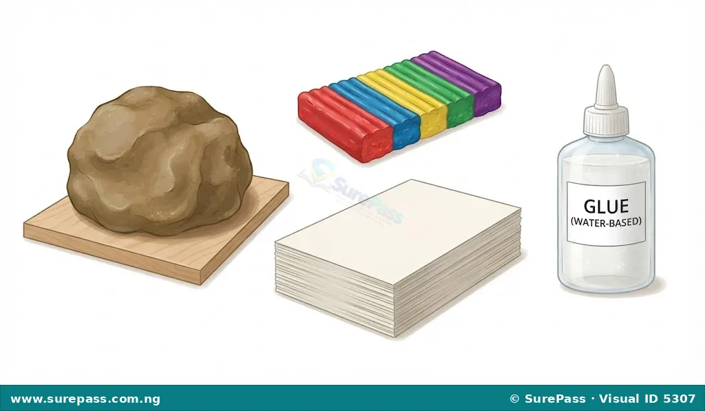 A lump of clay, a block of plasticine, sheets of paper, and a bottle of glue.