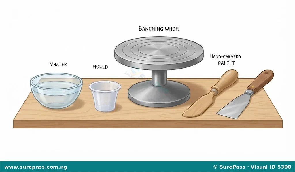 A bowl of water, a plastic mould, a banding wheel, a wooden pallet, and a metal spatula.