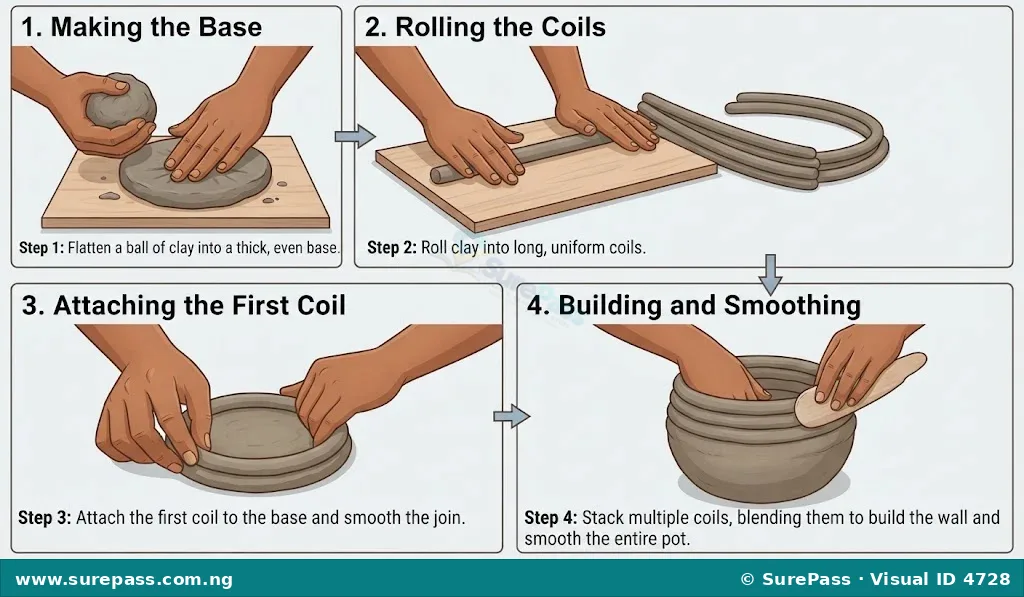 Step-by-step process of making a clay pot using the coil technique.
