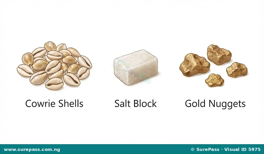 Image showing cowrie shells, a block of salt, and gold nuggets, representing historical commodity money.