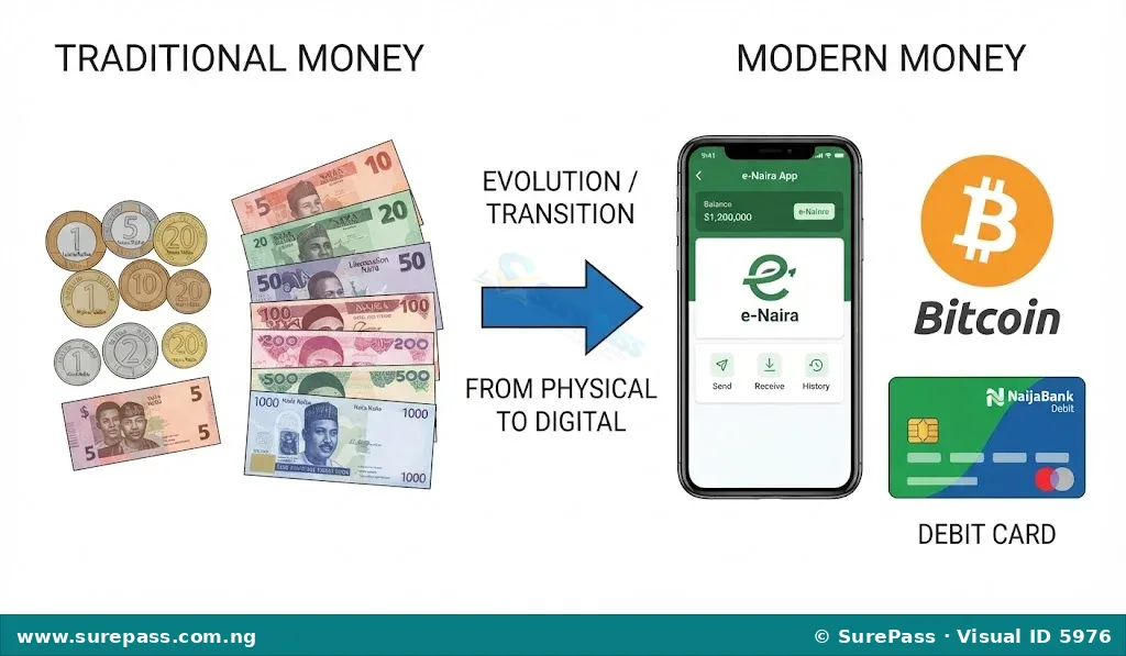 Diagram comparing traditional money (Naira notes, coins) with modern money (e-Naira app, Bitcoin logo, debit card).