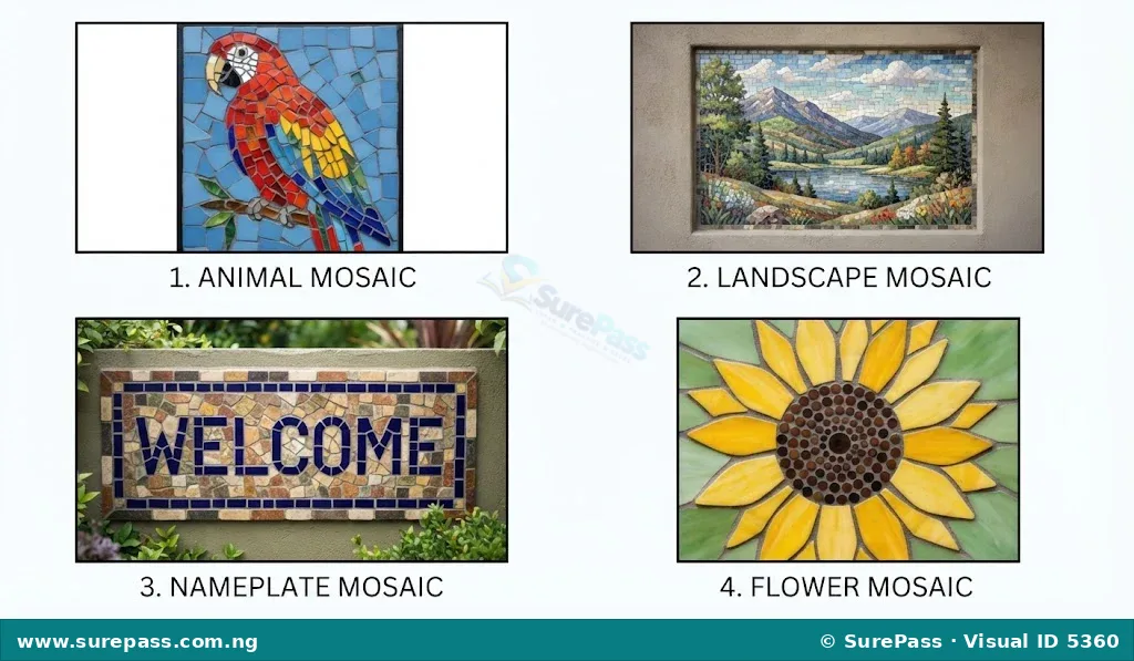 Four examples of mosaic art showing an animal, a wall picture, a nameplate, and a flower.