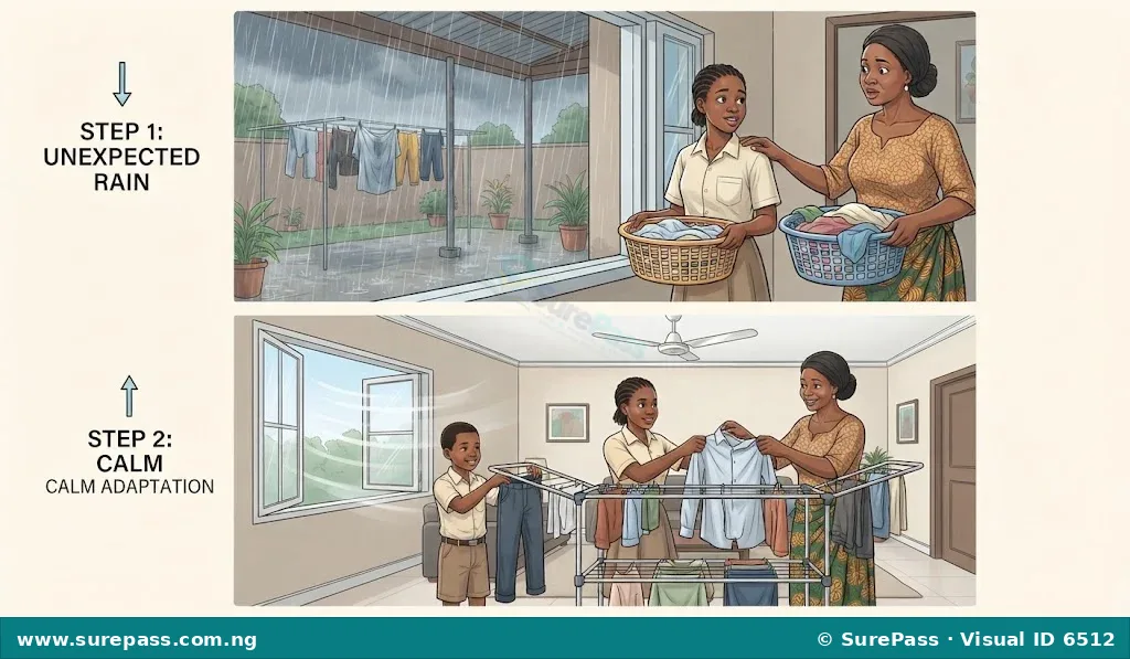 A family calmly adapting to sudden rain by moving their laundry activities indoors.