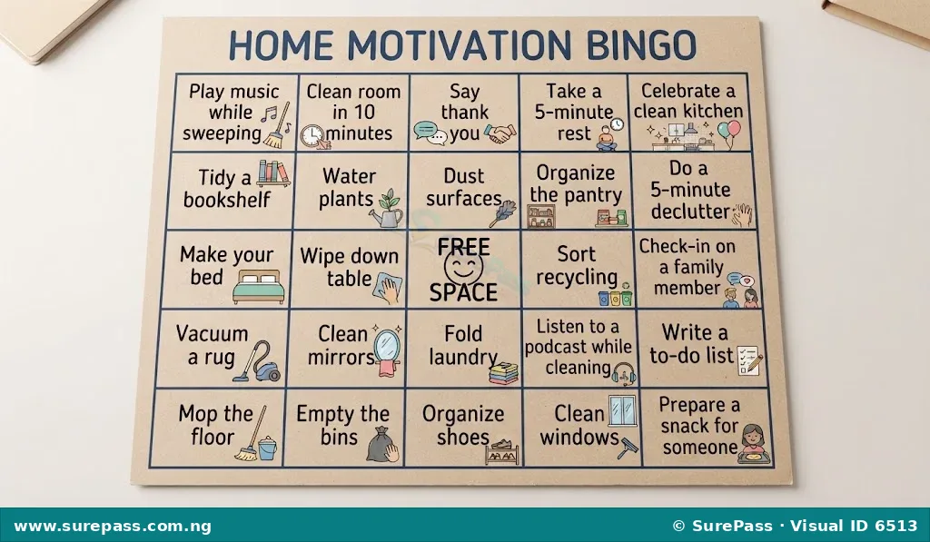 A completed physical motivational bingo card with various household tasks and positive strategies.