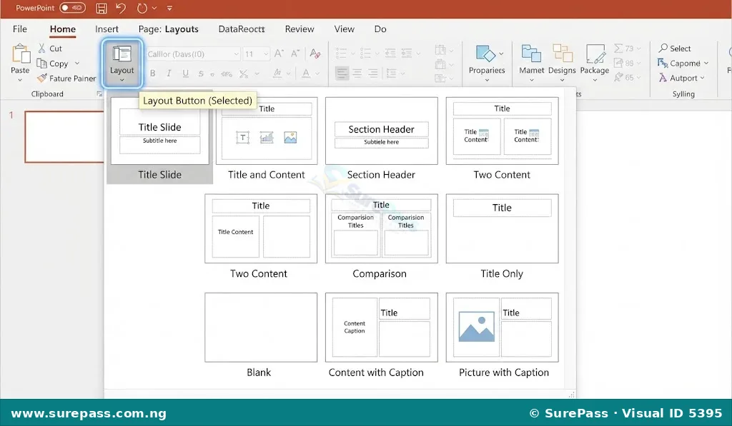 A screenshot showing the 'Layout' button on the PowerPoint Home tab and the dropdown menu with different slide layout options.