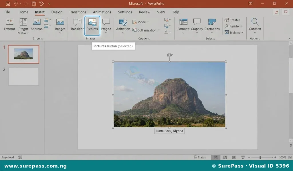 A screenshot of the PowerPoint 'Insert' tab with the 'Pictures' button highlighted, and an image of Zuma Rock placed on a slide.
