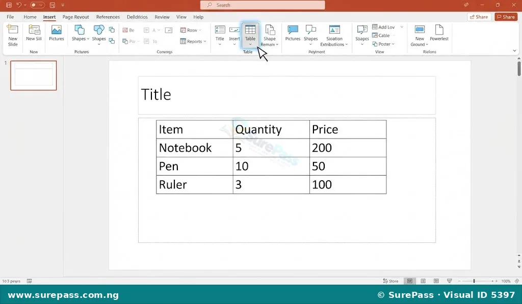 A screenshot of the PowerPoint 'Insert' tab with the 'Table' button highlighted, and a simple table inserted onto a slide.