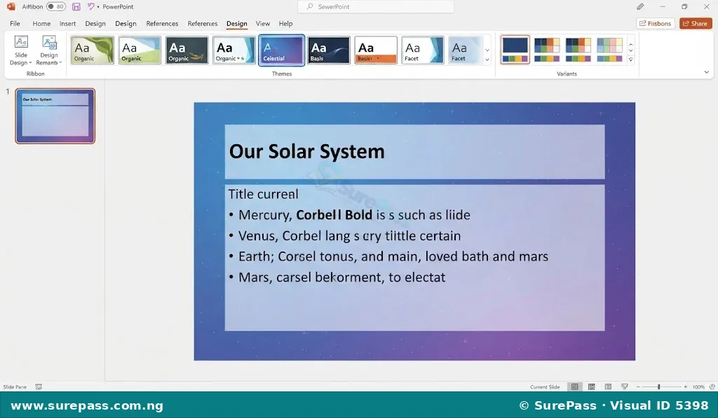 A screenshot of the PowerPoint 'Design' tab with different themes and colour options, showing a slide with a selected design applied.