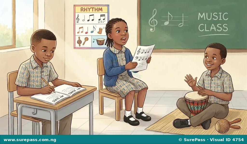 Primary 4 children singing, writing song lyrics, and playing a small drum.