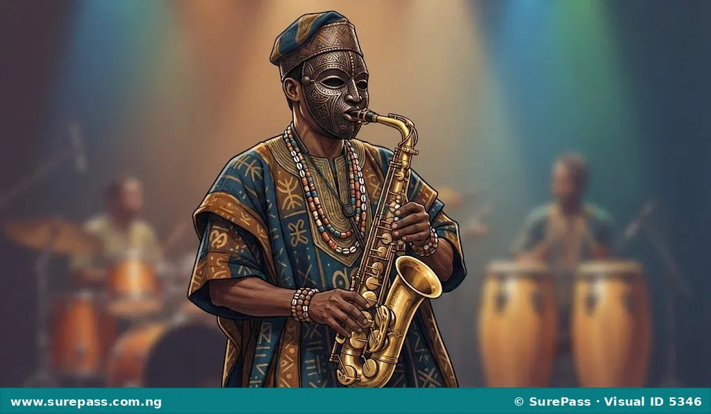 Lagbaja playing the saxophone while wearing his signature mask.