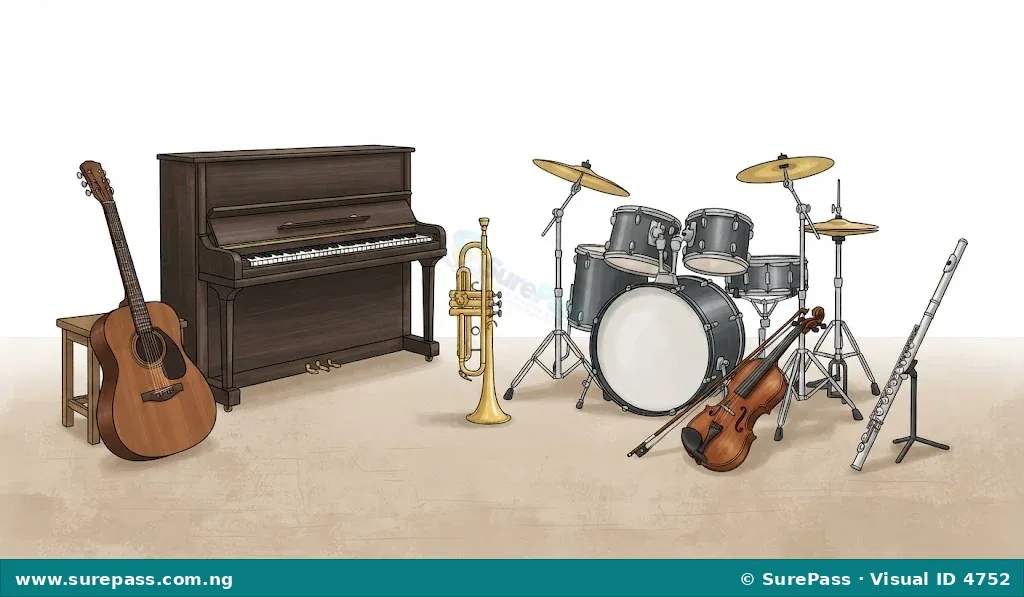 A collection of foreign musical instruments including a guitar, piano, trumpet, drum set, violin, and flute.