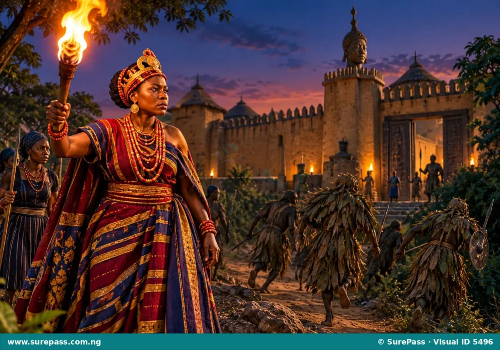 An illustration of Queen Moremi holding a torch in ancient Ile-Ife.