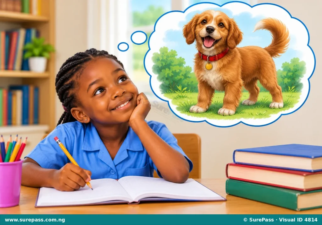 A child writing, with a thought bubble showing a detailed illustration of a friendly dog.