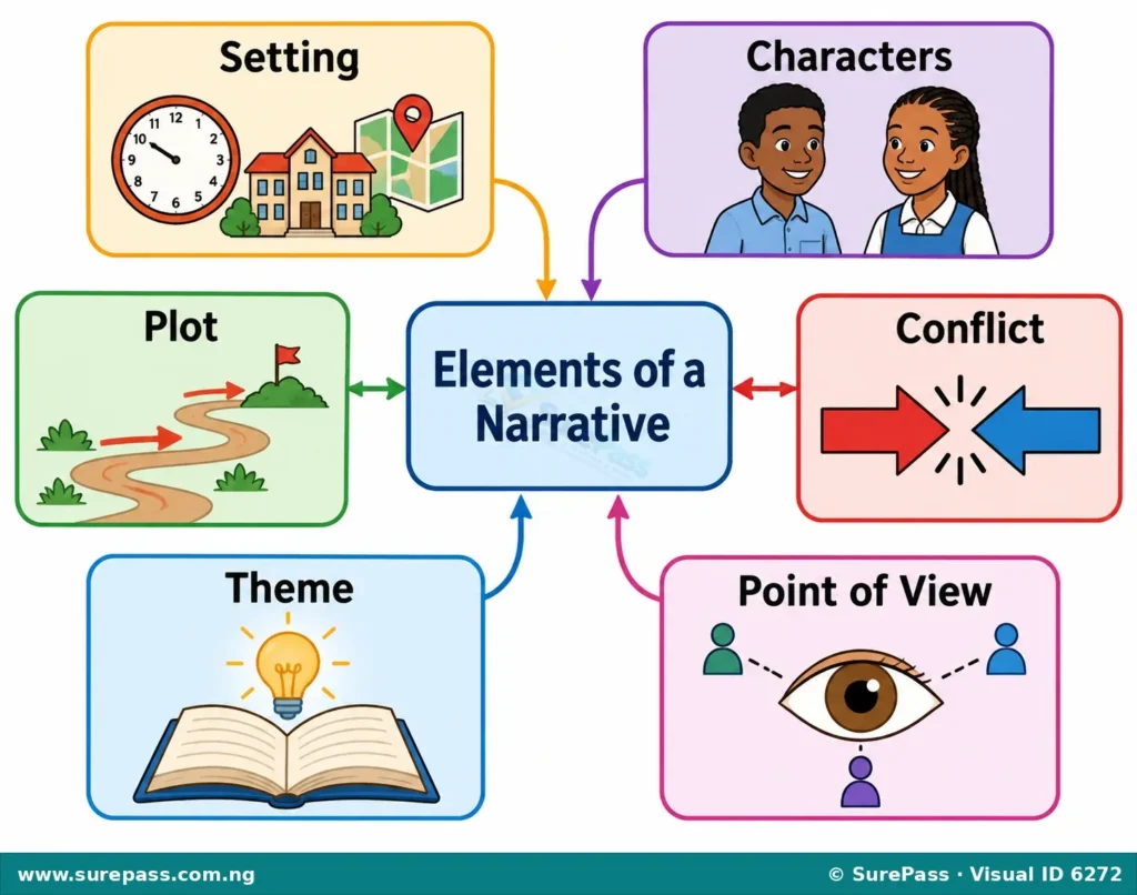 Diagram showing the elements of a narrative: Setting, Characters, Plot, Conflict, Theme, and Point of View.